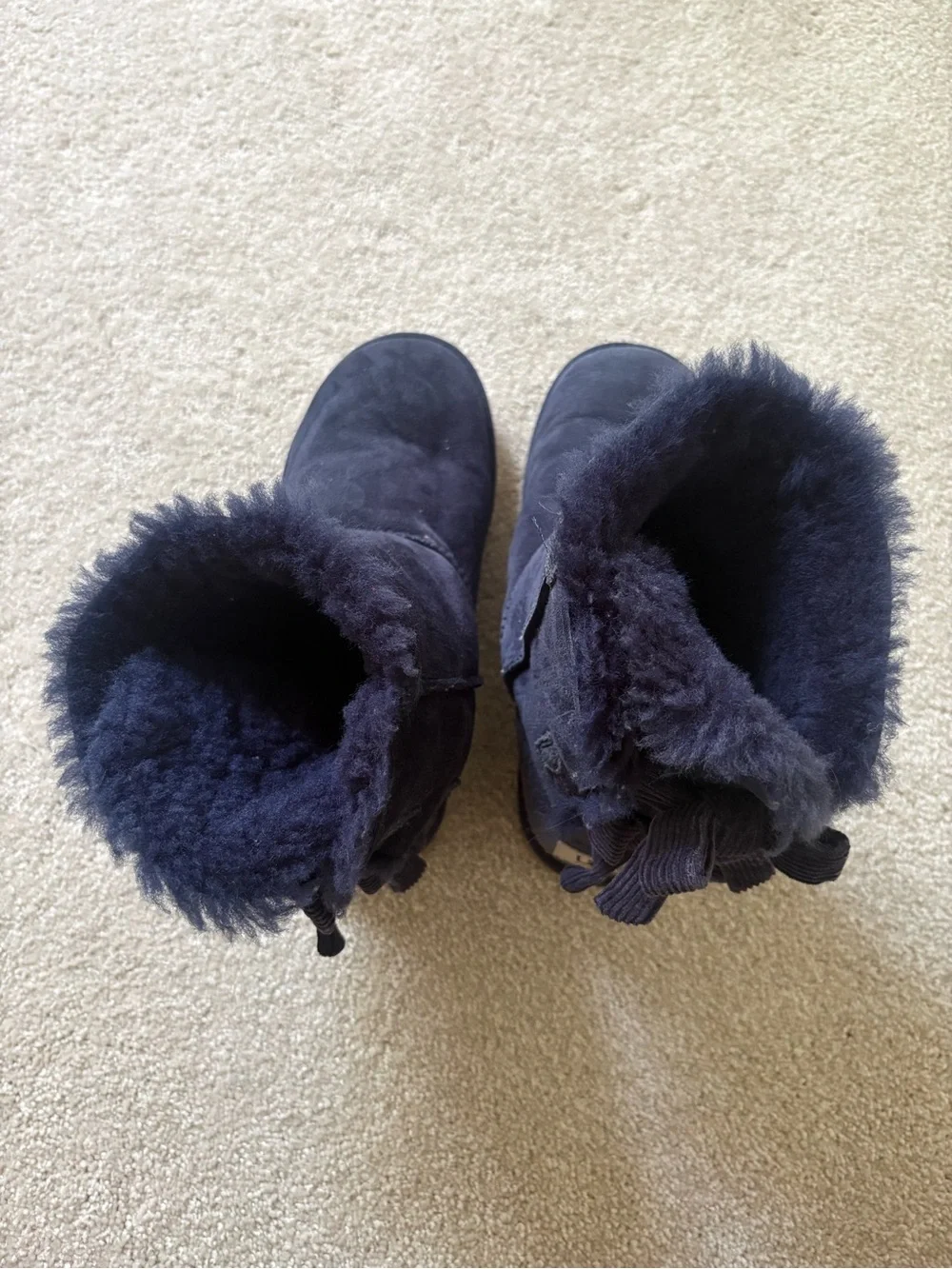 UGG Navy Suede Shearling Slippers with Back Bows